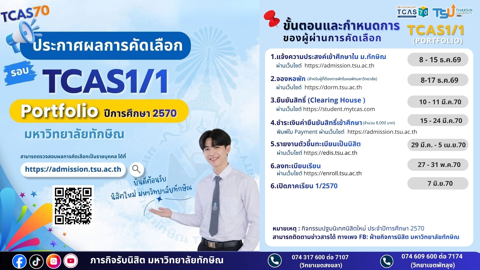 [TCAS70] ประกาศผลการคัดเลือก รอบ TCAS1/1 (Portfolio) ประจำปีการศึกษา 2570